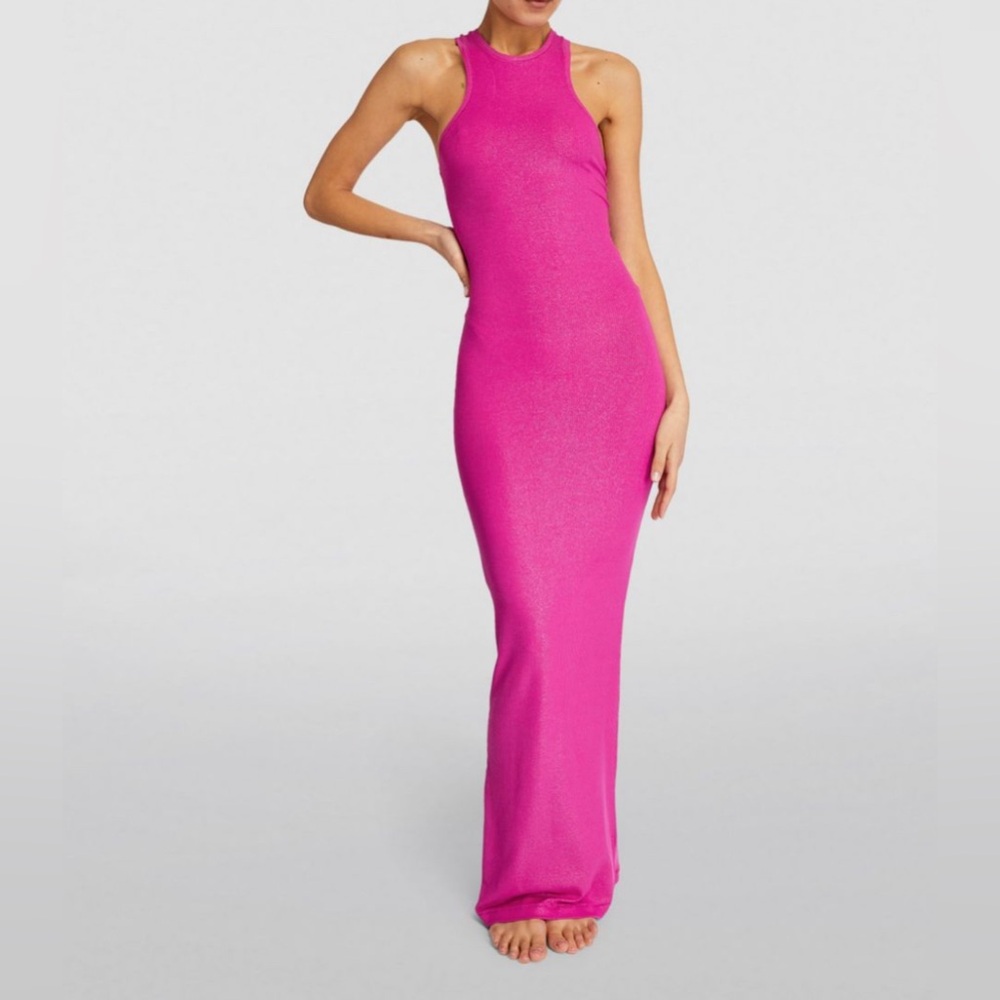 NWT Skims Soldout limited Edition Pink shimmer Lounge Maxi Dress Sz Large